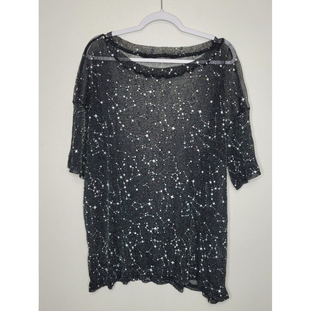 Black silver mesh semi sheer star constellation print short sleeve top